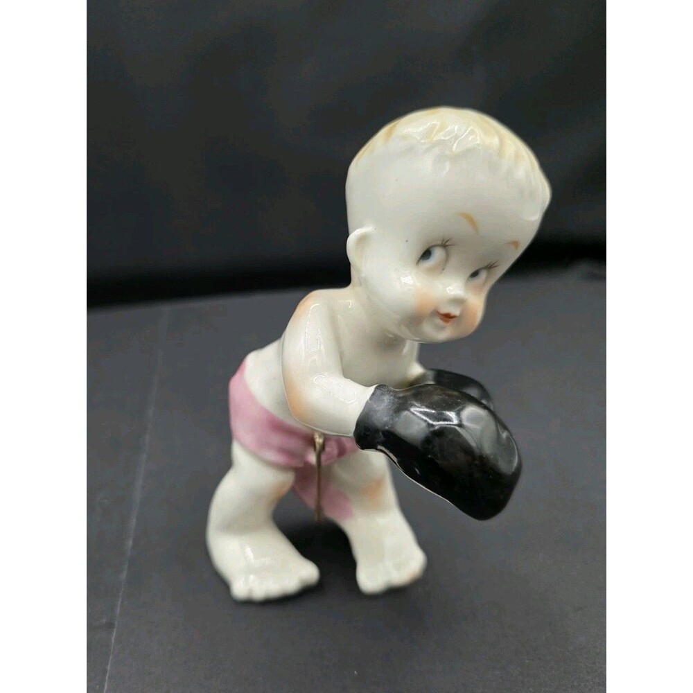 Boxing Boy Figurine 39 Kewpie? Ceramic Boxer Vintage Japan Safety Diaper Pin